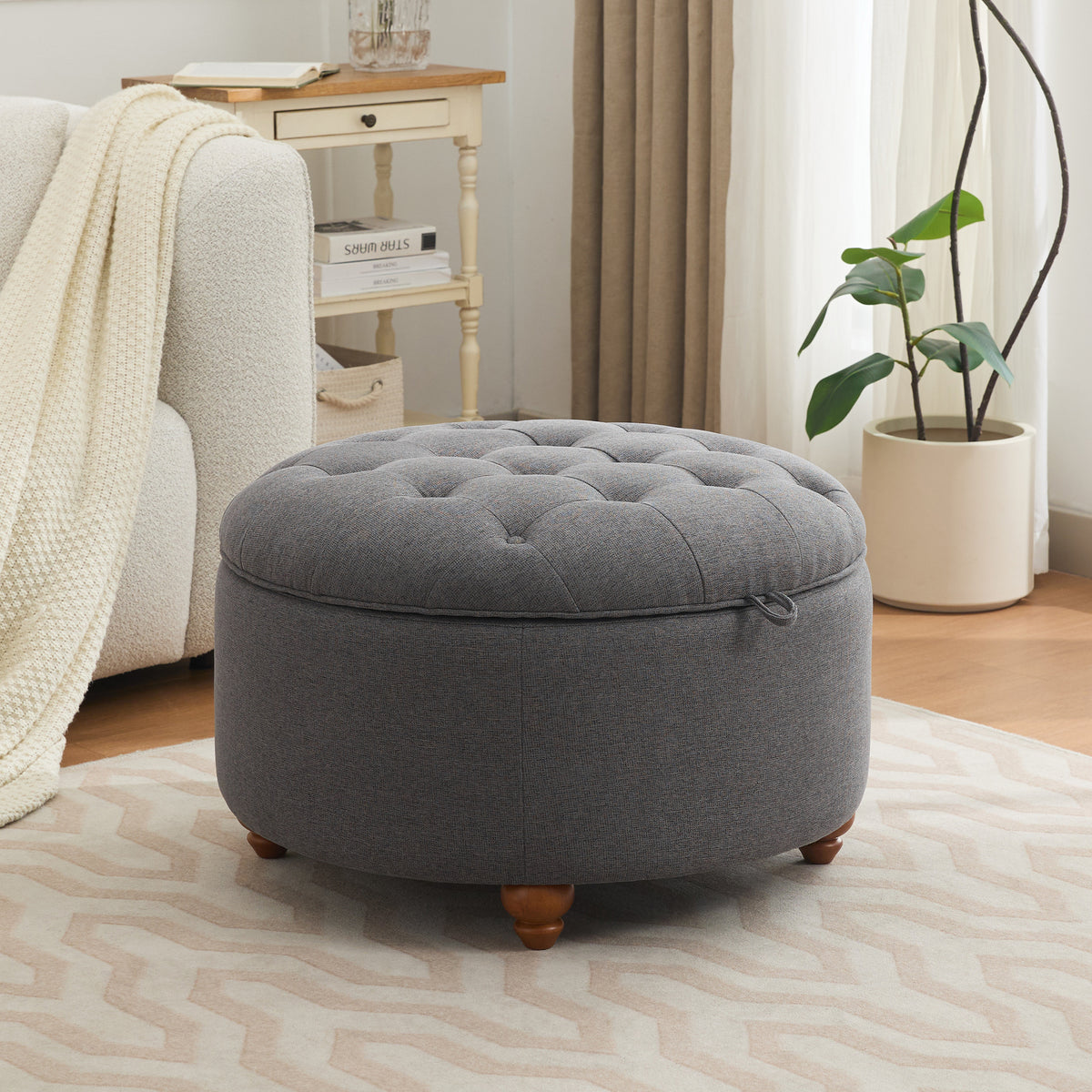 30'' Round Ottoman with Storage, Modern Tufted Storage Ottoman with Removable Top for Living Room, Bedroom, Drak Gray