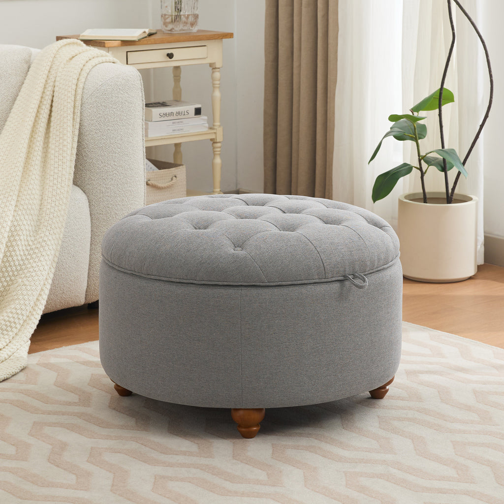 30'' Round Ottoman with Storage, Modern Tufted Fabric Storage Ottoman with Removable Top for Living Room, Bedroom, Light Gray