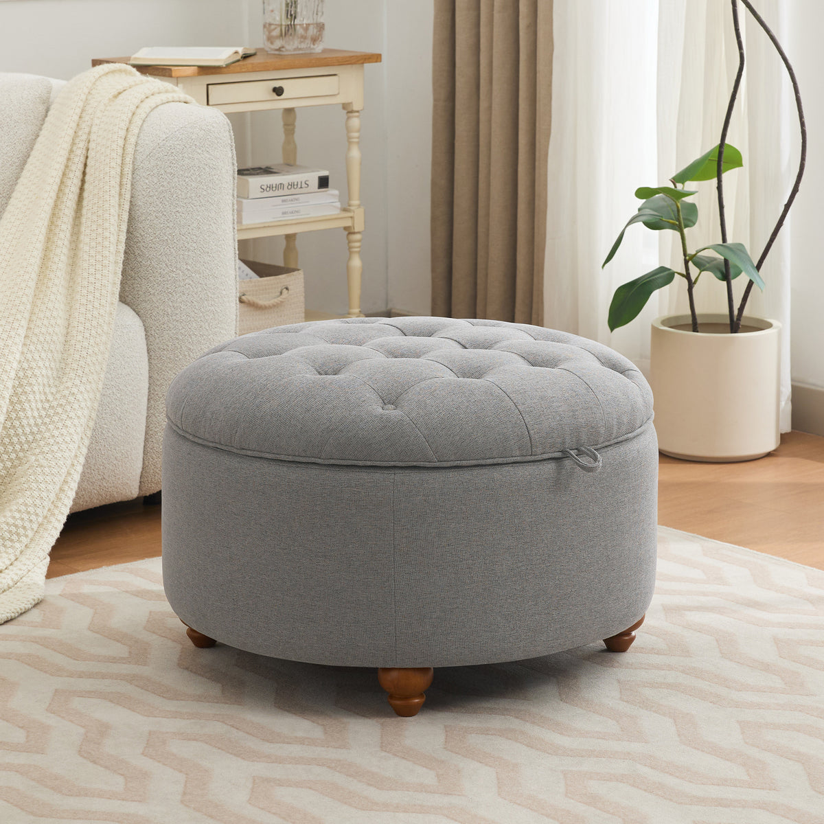 30'' Round Ottoman with Storage, Modern Tufted Fabric Storage Ottoman with Removable Top for Living Room, Bedroom, Light Gray