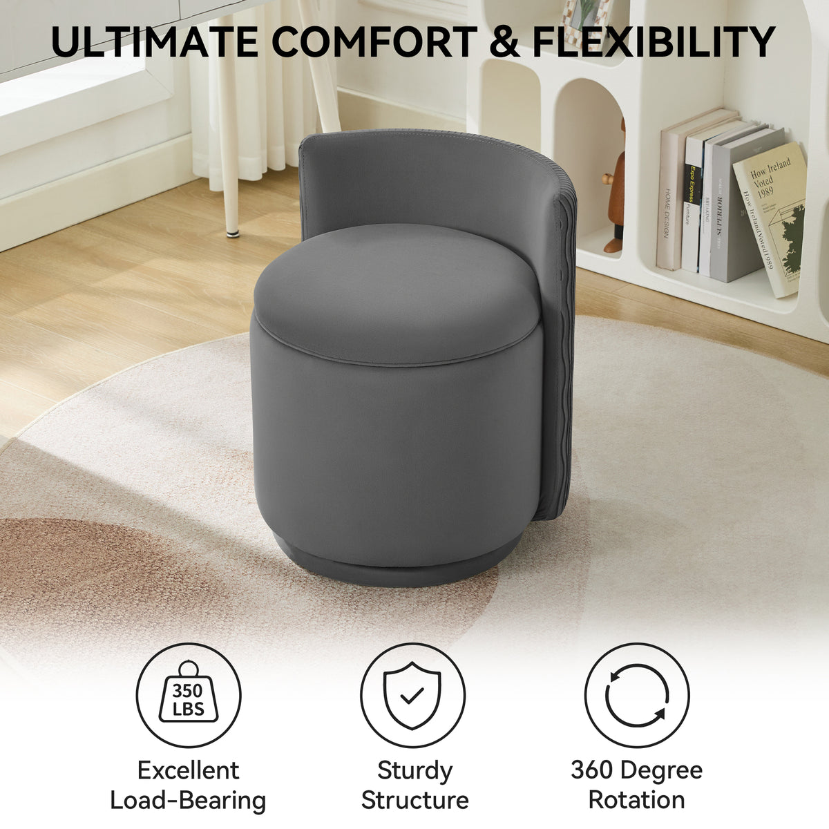 Velvet Swivel Accent Chair with Storage, 360° Vanity Makeup Chair with Wave Back, No Assembly Comfy Single Sofa Chair, Small Accent Stool for Bedroom, Dressing, Living Room