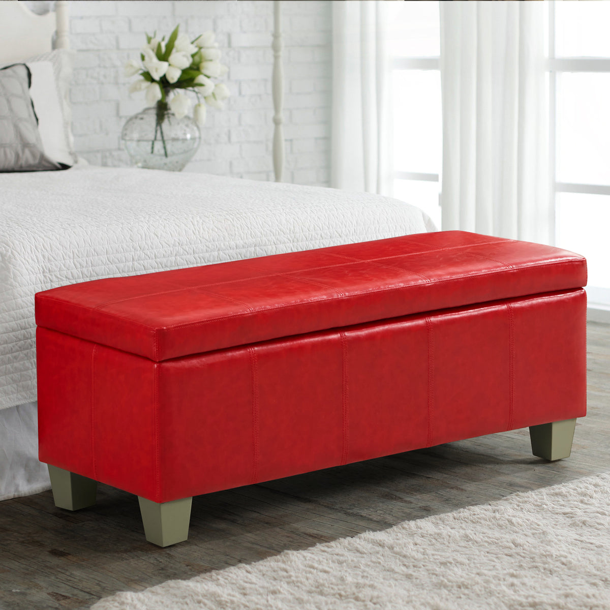 Faux Leather Storage Ottoman Bench, Rectangle Upholstered Storage Bench with Wooden Legs, Stitch Tufted Bench with Storage for Bedroom, Living Room, Entryway