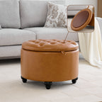 HASLE 24Inch Round Storage Ottoman with Tray, Modern Tufted Leather Circle Coffee Table with Storage, Upholstered Ottoman with Removable Top for Living Room, Bedroom, Leather Brown