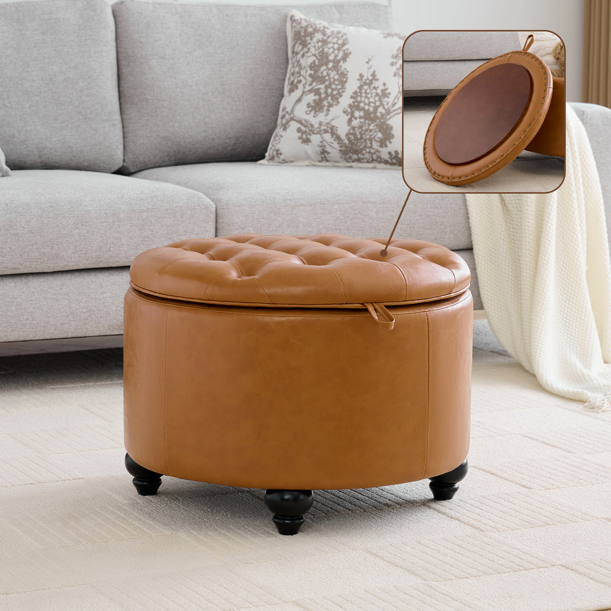 HASLE 24Inch Round Storage Ottoman with Tray, Modern Tufted Leather Circle Coffee Table with Storage, Upholstered Ottoman with Removable Top for Living Room, Bedroom, Leather Brown