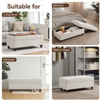 HASLE Storage Ottoman Bench with Wooden Tray, Upholstered Ottoman Coffee Table with Hidden Storage for Living Room Bedroom