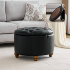 HASLE 24Inch Round Storage Ottoman with Tray, Modern Tufted Leather Circle Coffee Table with Storage, Upholstered Ottoman with Removable Top for Living Room, Bedroom, Leather Black