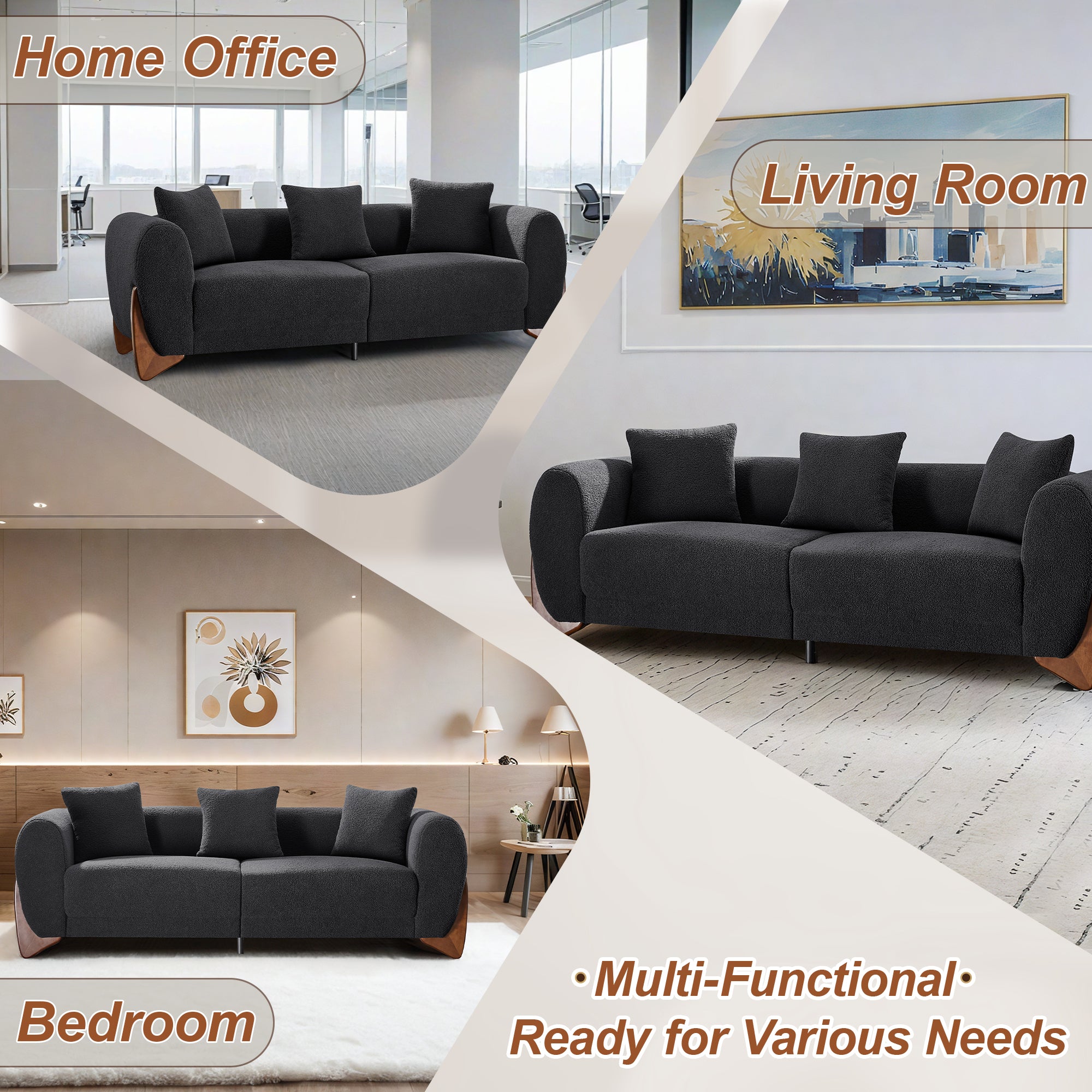 87" Boucle Couch with Solid Wood Legs,Black