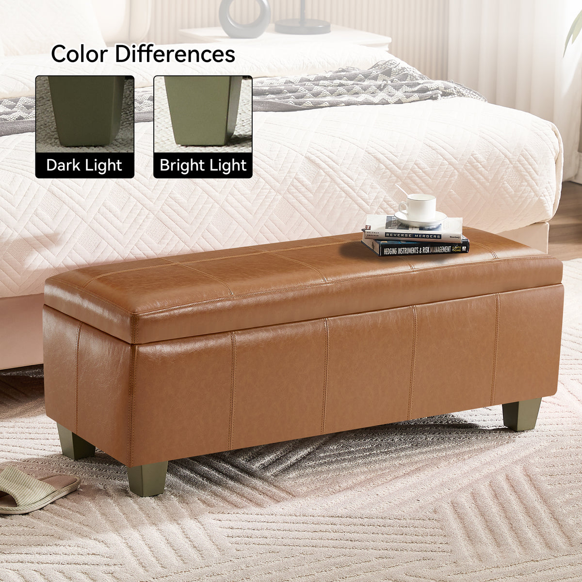 Faux Leather Storage Ottoman Bench, Rectangle Upholstered Storage Bench with Wooden Legs, Stitch Tufted Bench with Storage for Bedroom, Living Room, Entryway