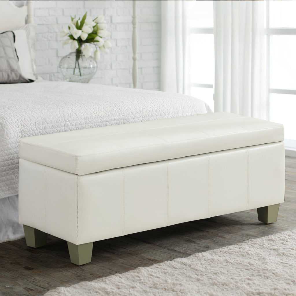 Faux Leather Storage Ottoman Bench, Rectangle Upholstered Storage Bench with Wooden Legs, Stitch Tufted Bench with Storage for Bedroom, Living Room, Entryway