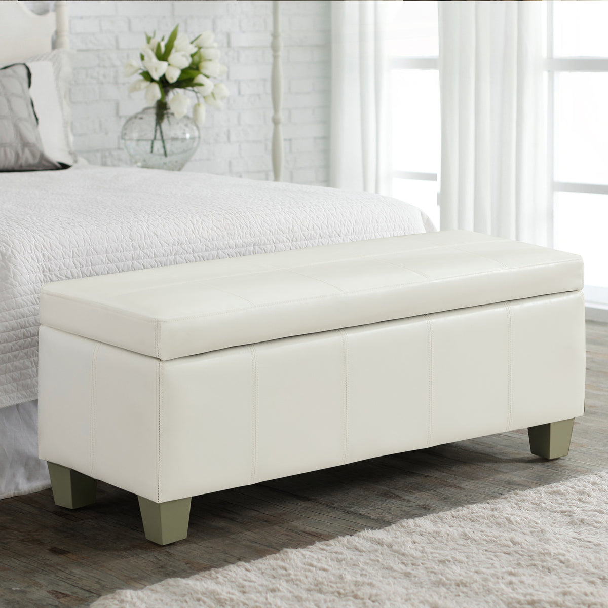 Faux Leather Storage Ottoman Bench, Rectangle Upholstered Storage Bench with Wooden Legs, Stitch Tufted Bench with Storage for Bedroom, Living Room, Entryway