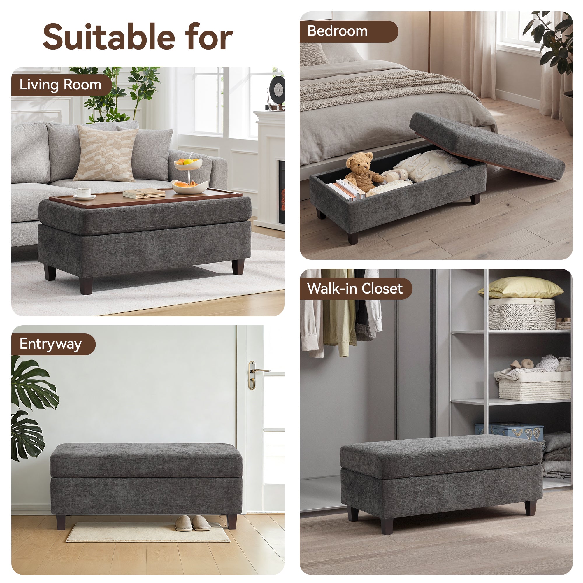 45 Inch Large Storage Ottoman Bench，Dark Gray
