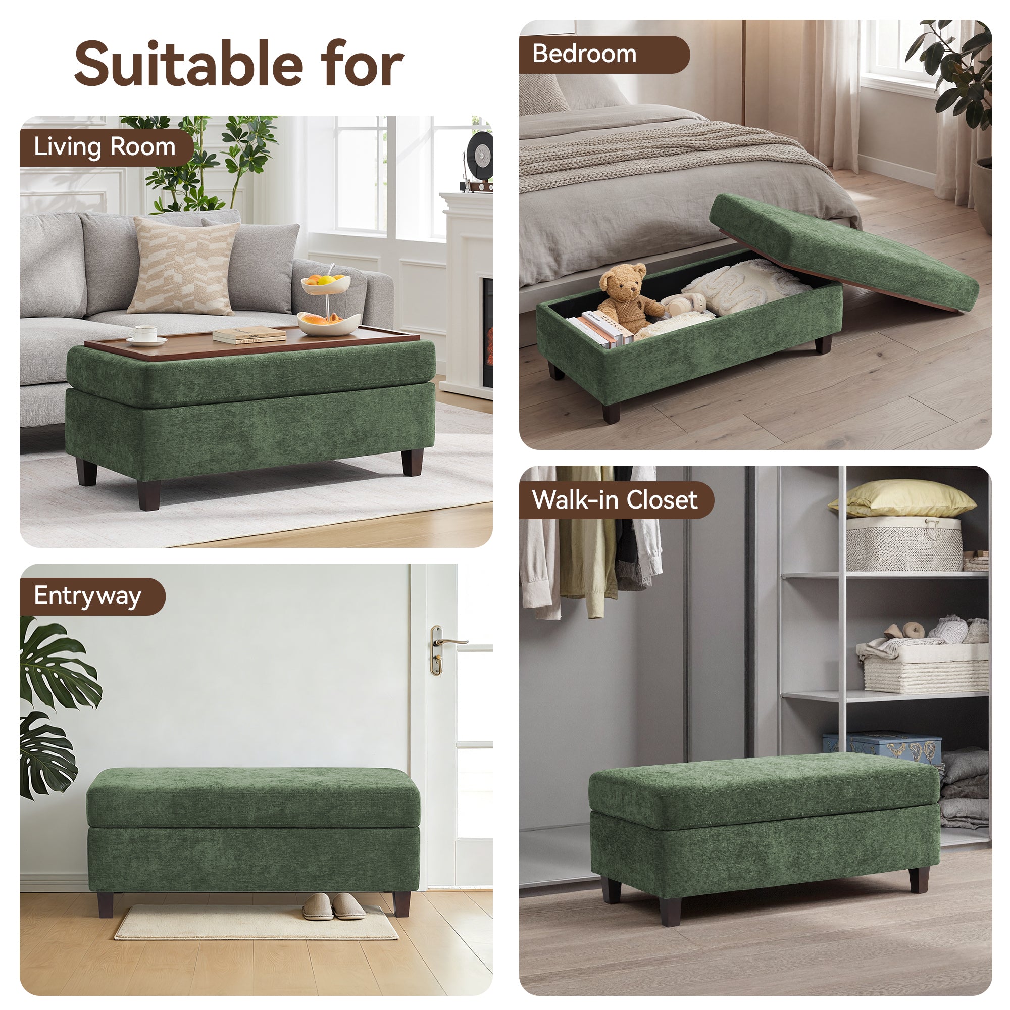 45 Inch Large Storage Ottoman Bench，Green