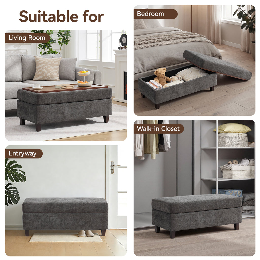 HASLE Storage Ottoman Bench with Wooden Tray, Upholstered Ottoman Coffee Table with Hidden Storage for Living Room Bedroom