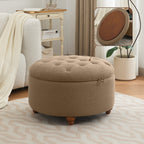 30'' Round Ottoman with Storage, Modern Tufted Fabric Storage Ottoman with Removable Wooden Top for Living Room, Bedroom, Brown