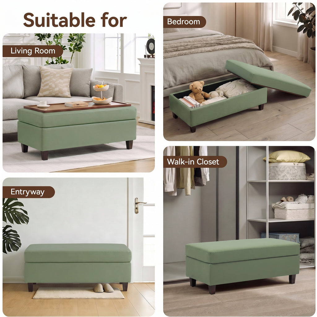 HASLE Storage Ottoman Bench with Wooden Tray, Upholstered Ottoman Coffee Table with Hidden Storage for Living Room Bedroom