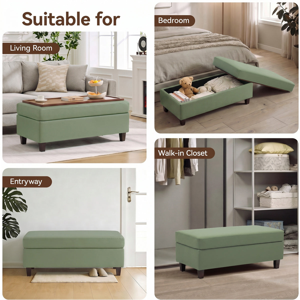 HASLE Storage Ottoman Bench with Wooden Tray, Upholstered Ottoman Coffee Table with Hidden Storage for Living Room Bedroom