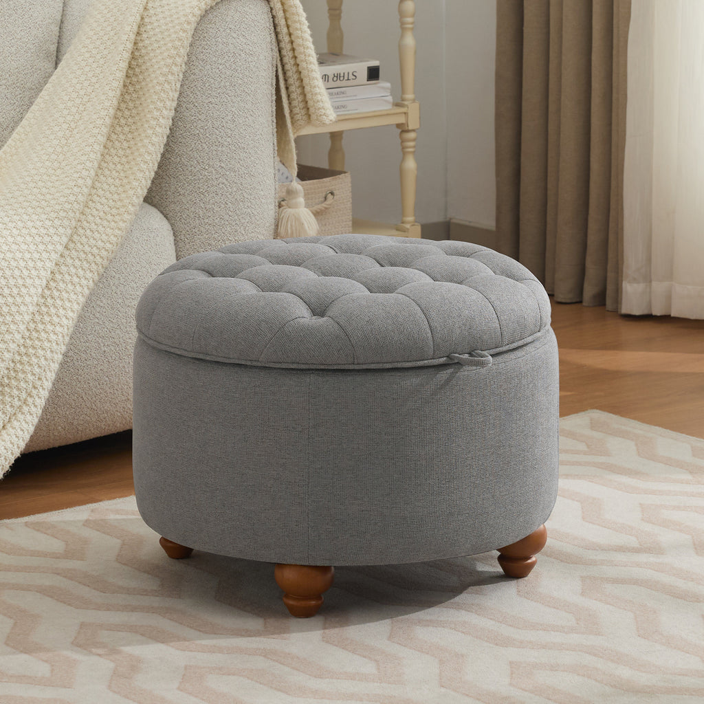 24'' Round Ottoman with Storage, Modern Tufted Fabric Storage Ottoman with Removable Top for Living Room, Bedroom, Light Gray