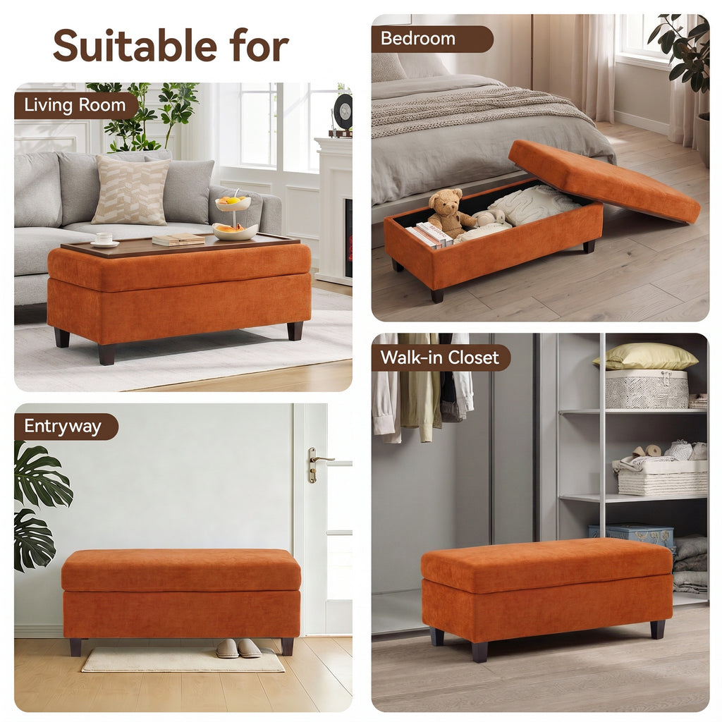 HASLE Storage Ottoman Bench with Wooden Tray, Upholstered Ottoman Coffee Table with Hidden Storage for Living Room Bedroom