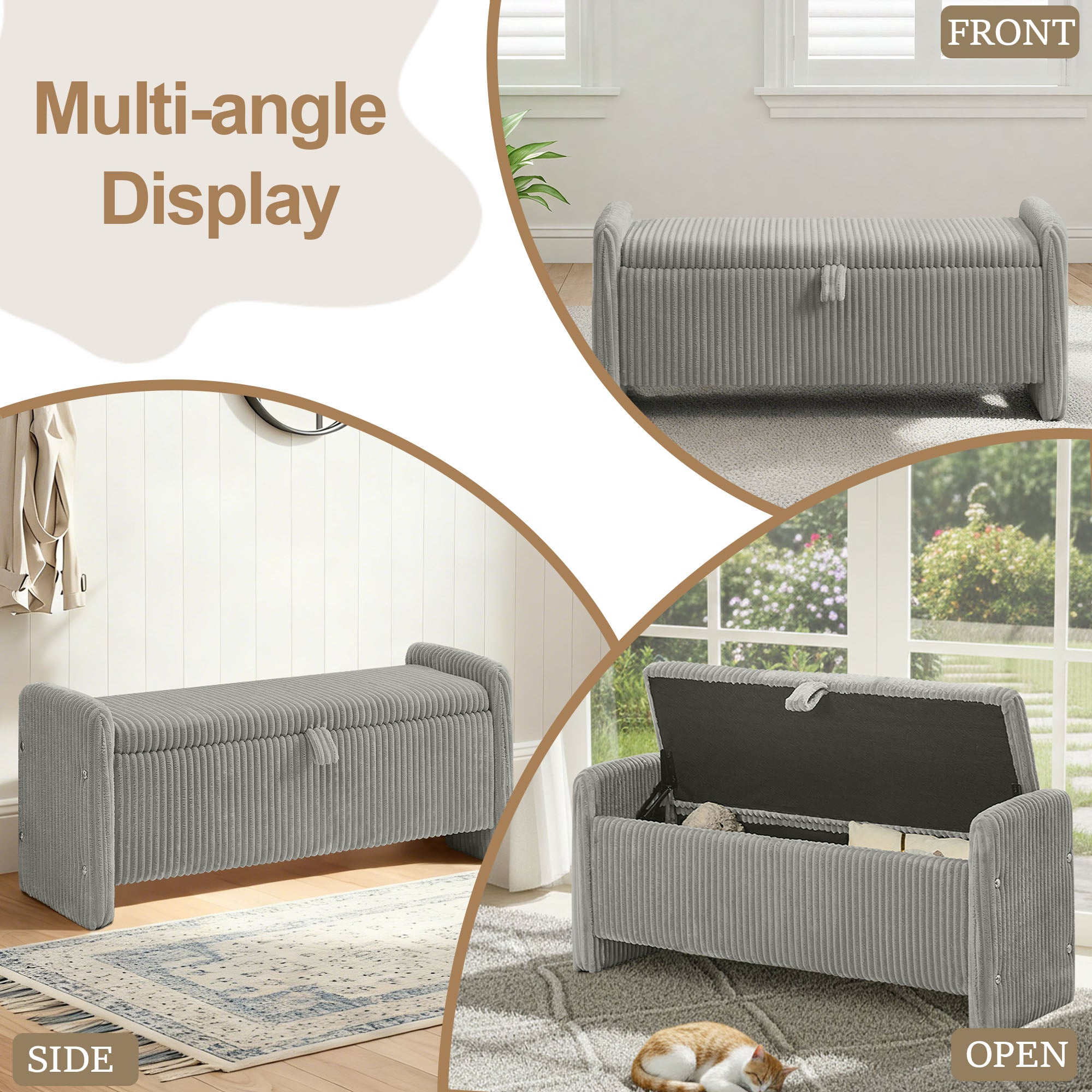 44'' Corduroy Storage Ottoman Bench, Gray