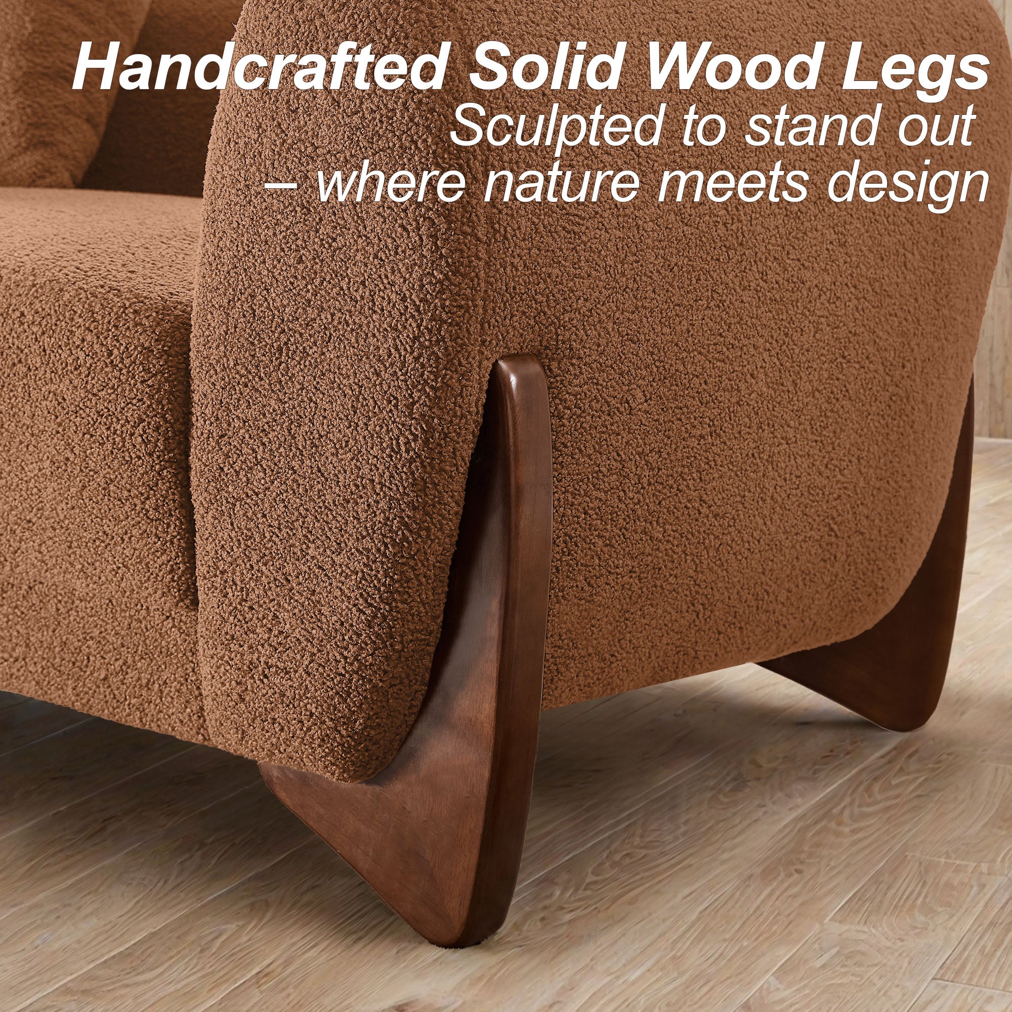 87" Boucle Couch with Solid Wood Legs,Camel