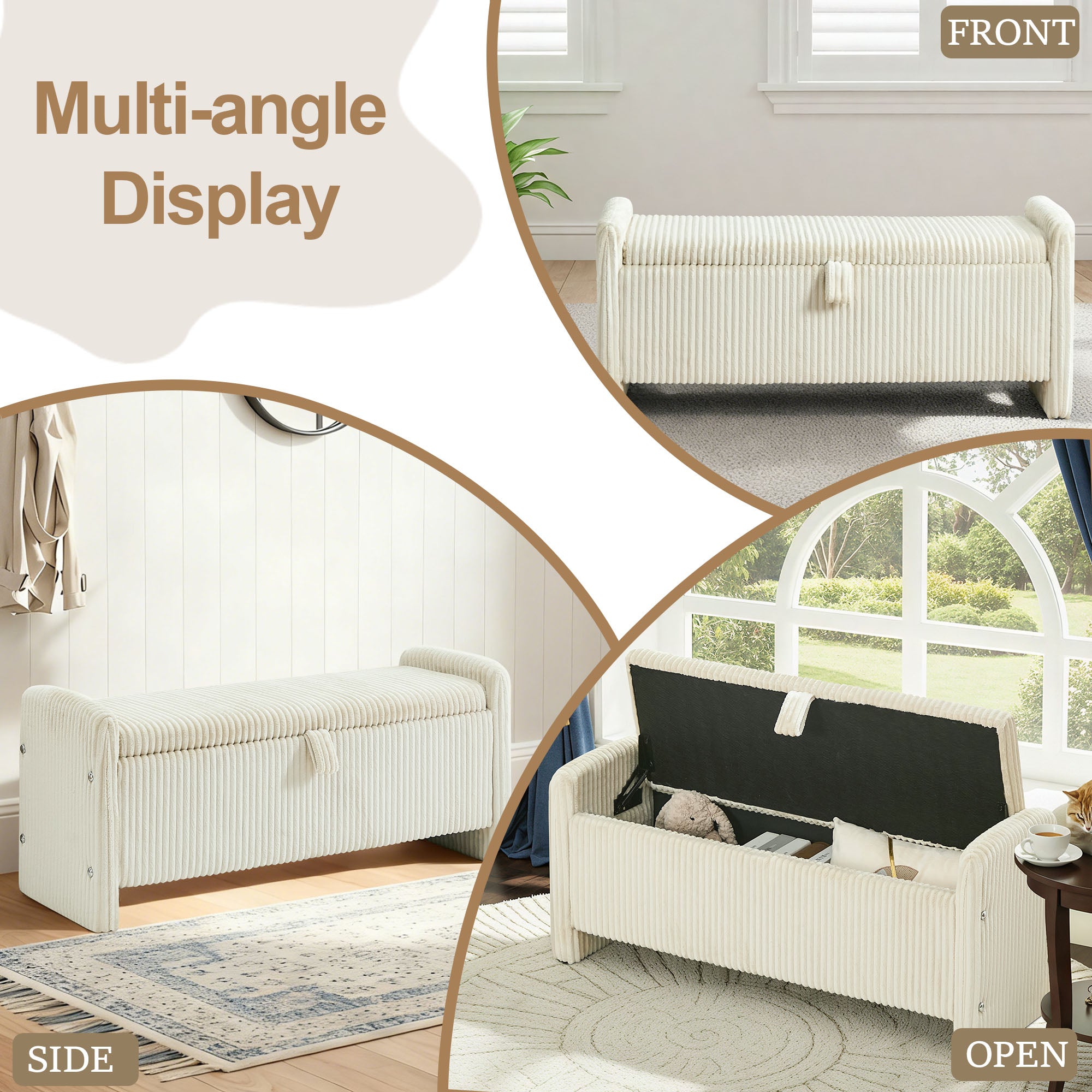 44'' Corduroy Storage Ottoman Bench, Beige