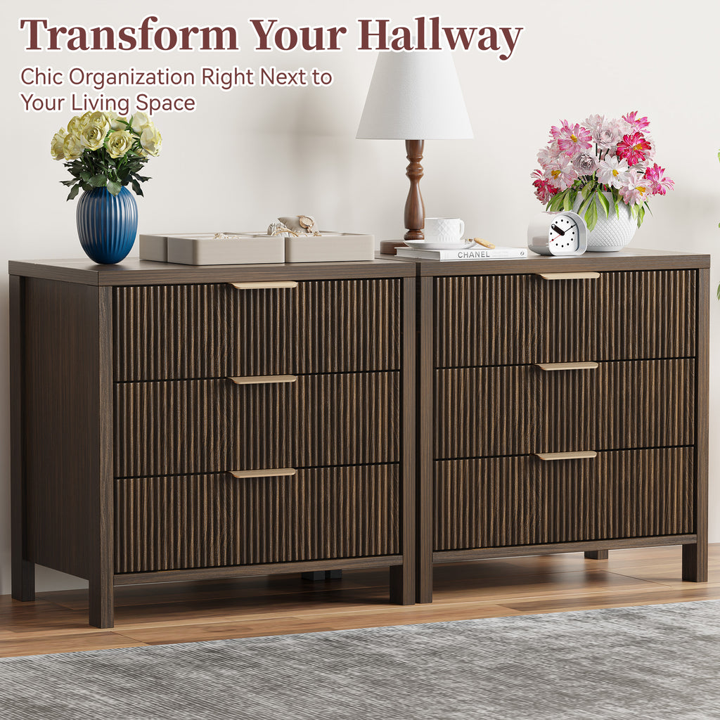 Fluted Nightstand with 3 Drawers, Mid-Century Modern Bedside Table, 23.7'' Wide Wood End Table for Bedroom, Walnut Finish