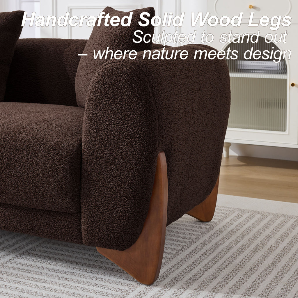 87" Boucle Couch with Solid Wood Legs,Brown