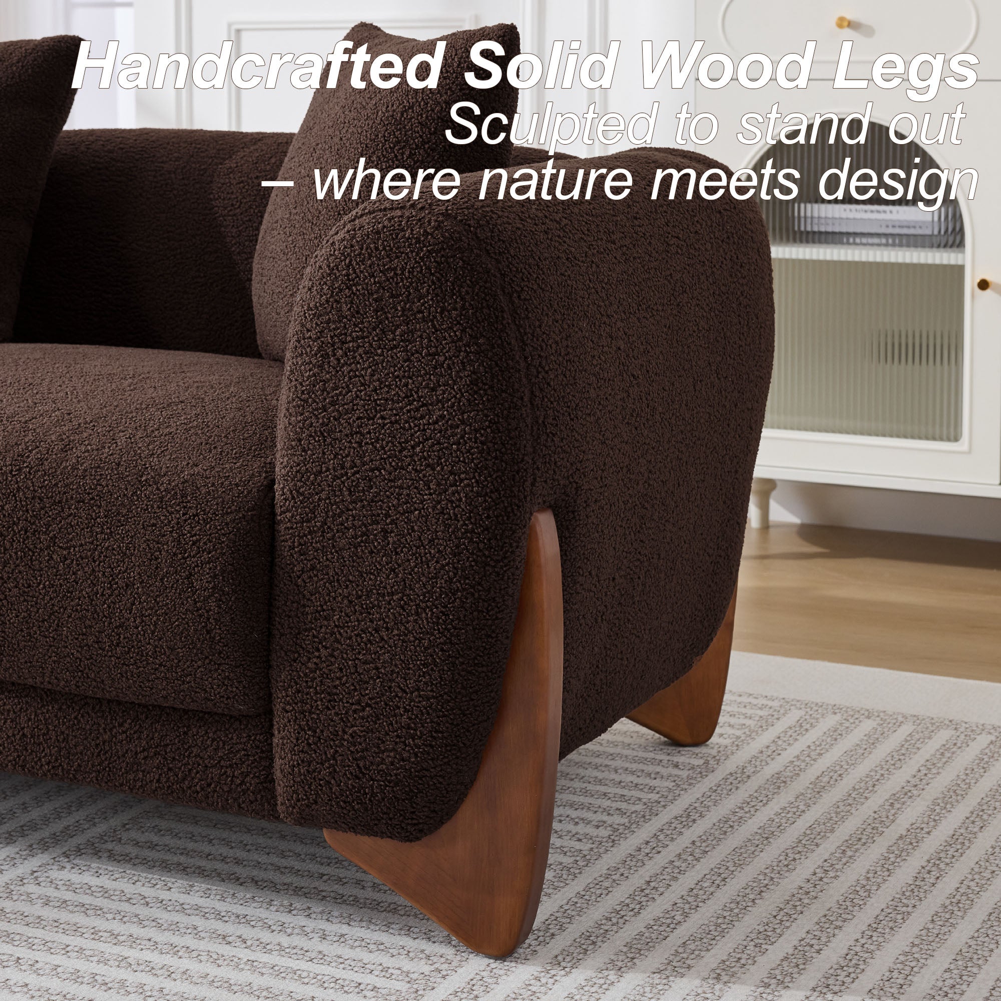 87" Boucle Couch with Solid Wood Legs,Brown