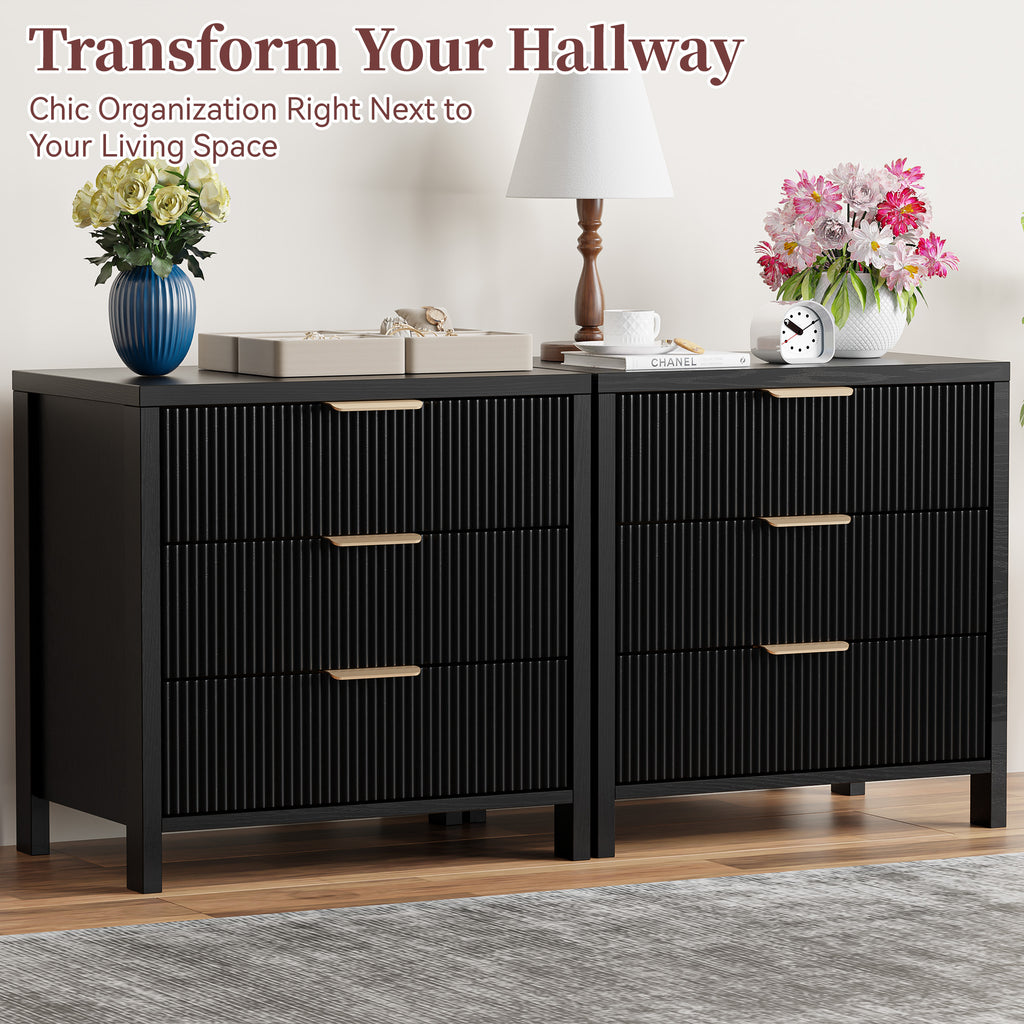 HASLE Fluted Nightstand with 3 Drawers, Mid-Century Modern Bedside Table, 23.7'' Wide Wood End Table for Bedroom, Black Finish