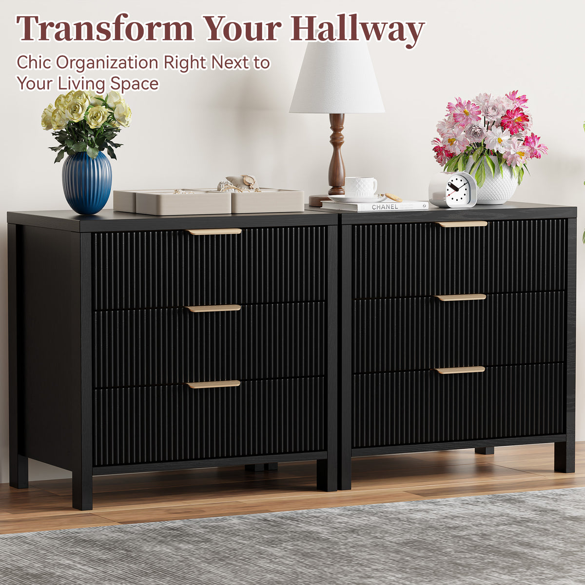HASLE Fluted Nightstand with 3 Drawers, Mid-Century Modern Bedside Table, 23.7'' Wide Wood End Table for Bedroom, Black Finish