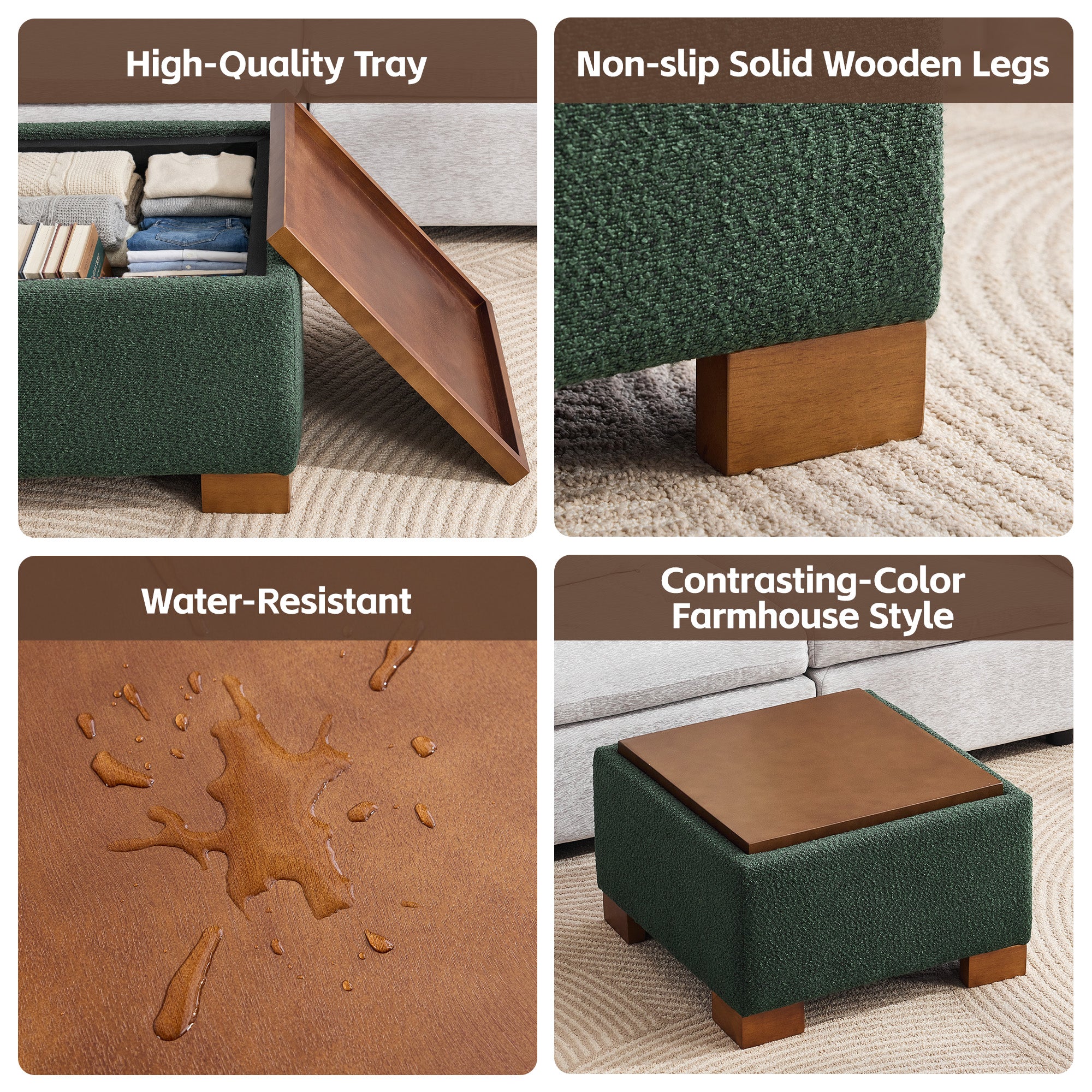 24" Square Storage Ottoman，Green