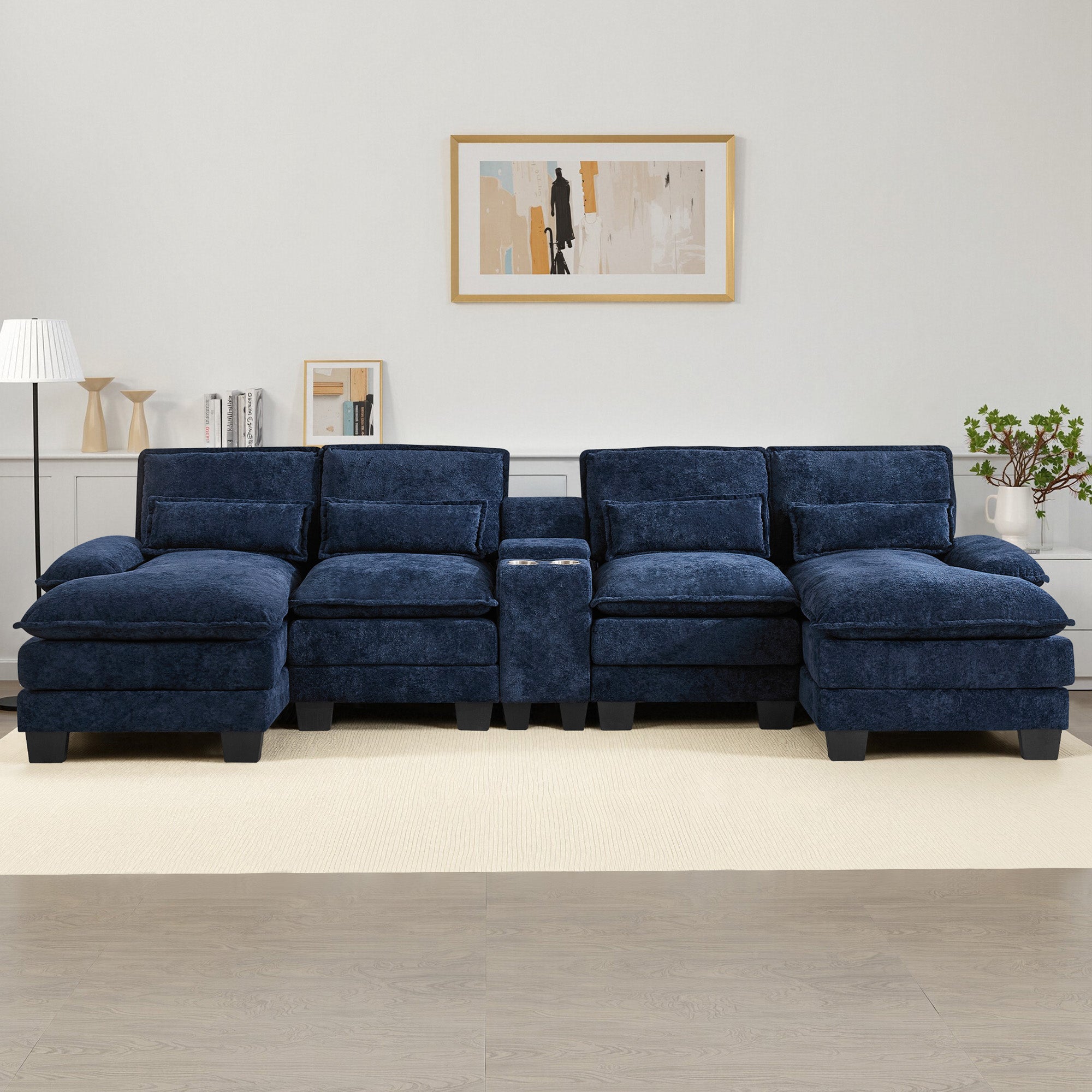 U Shaped Cloud Modular Sofa with Chaise Lounges，Navy
