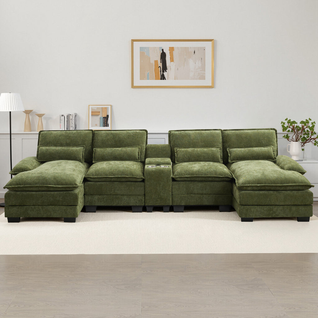125'' U Shaped Cloud Modular Sectional Sofa with Chaise Lounges, Chenille Upholstered Comfy Couch with Storage Console, USB Charging Ports & Cup Holders, Modern Deep Seat Sofa for Living Room
