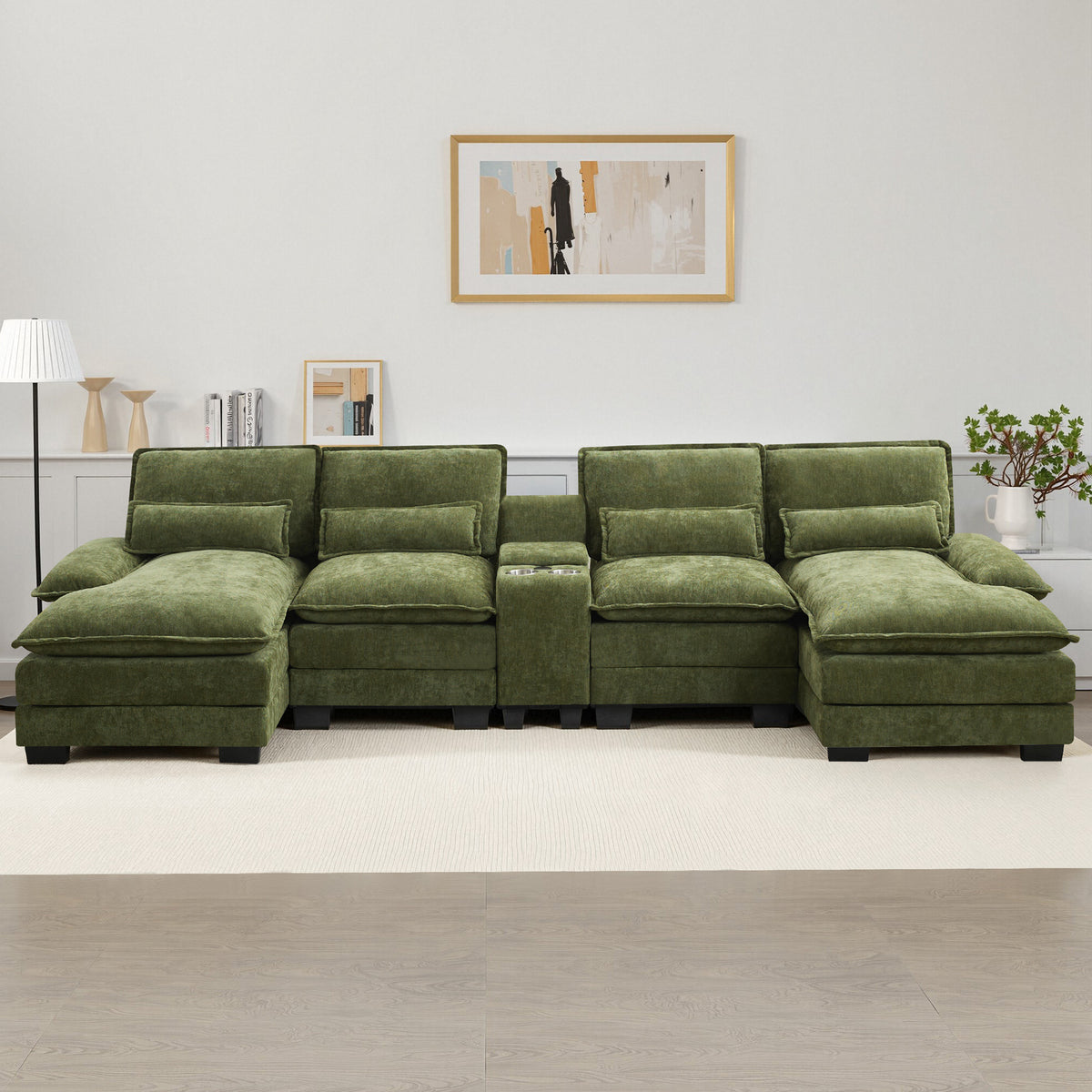 125'' U Shaped Cloud Modular Sectional Sofa with Chaise Lounges, Chenille Upholstered Comfy Couch with Storage Console, USB Charging Ports & Cup Holders, Modern Deep Seat Sofa for Living Room