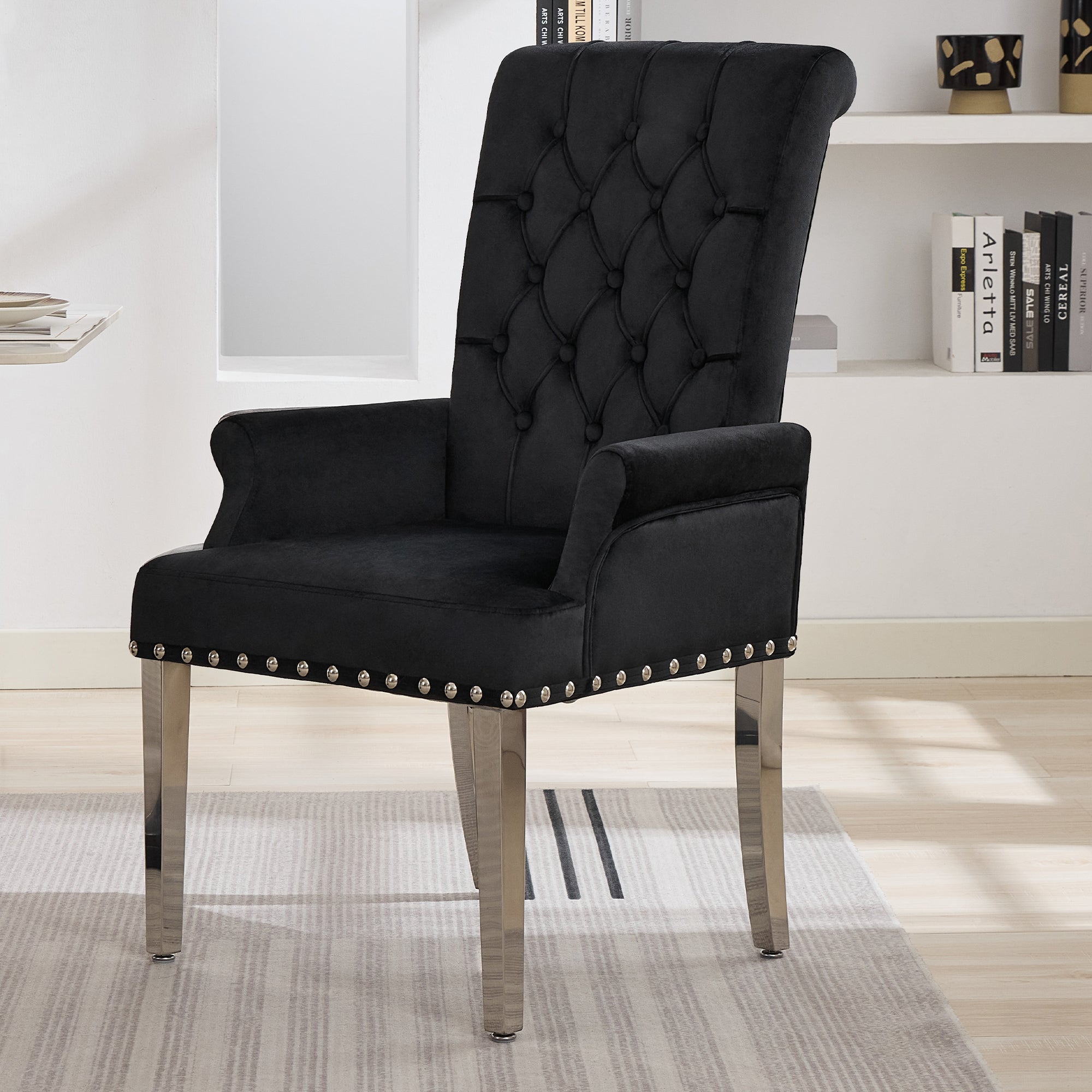 Velvet Dining Chair with Arms，Black