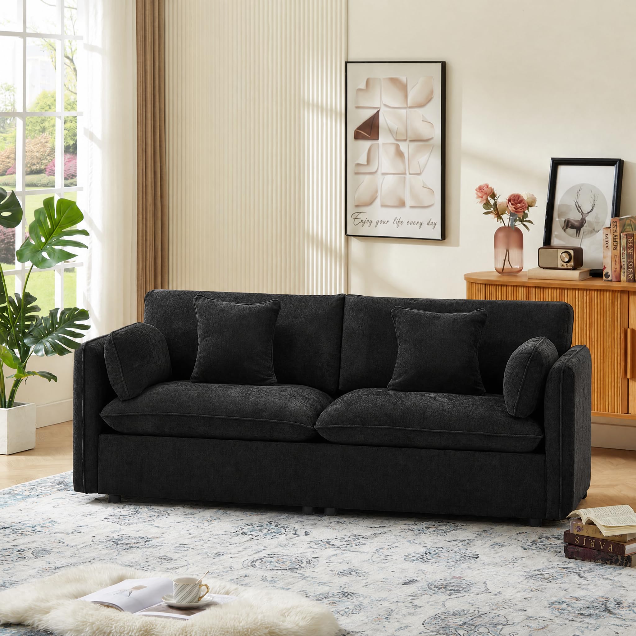 Modern Loveseat Sofa, 83.8 Inch 2 Seater Black Chenille Couch