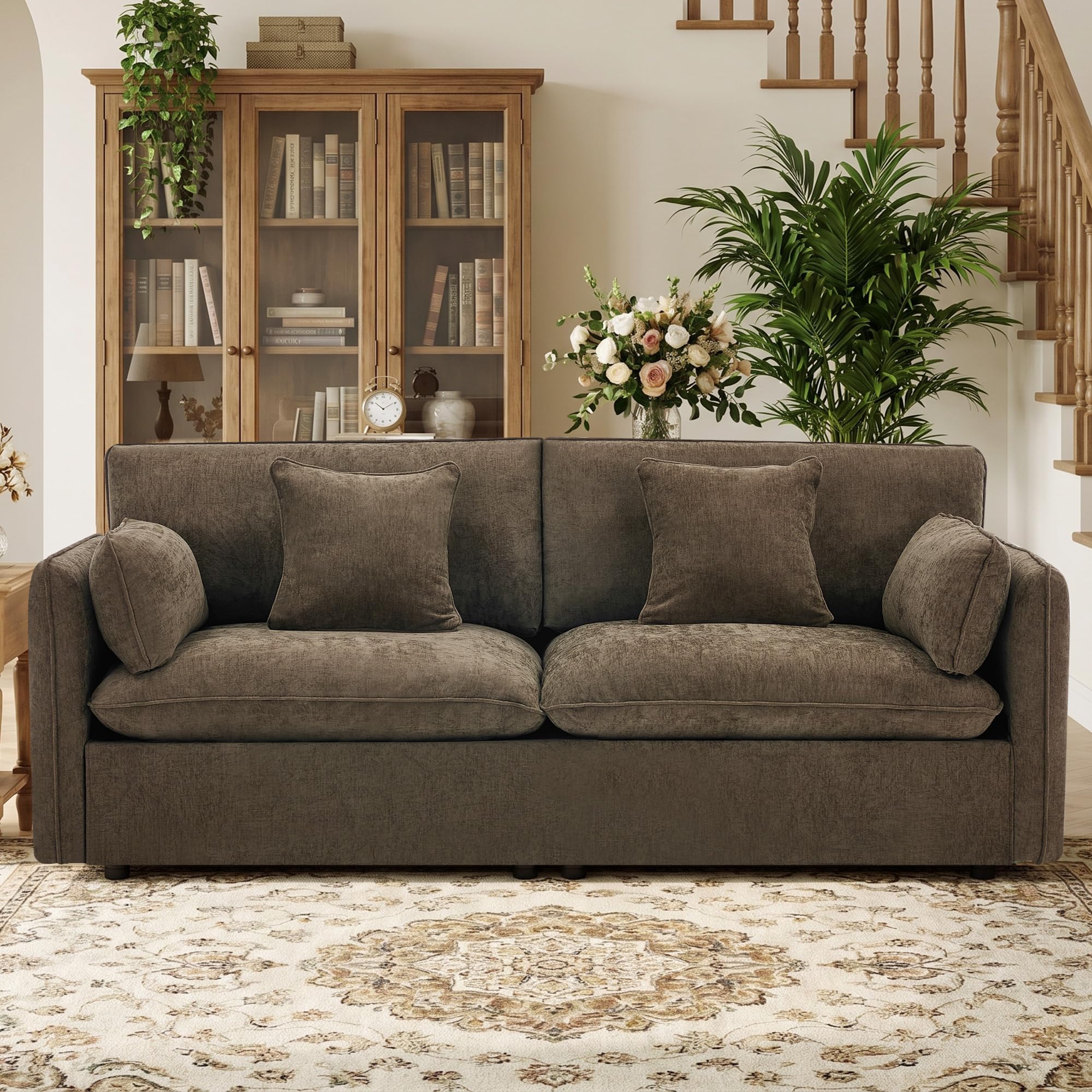 Modern Loveseat Sofa, 83.8 Inch 2 Seater Brown Chenille Couch