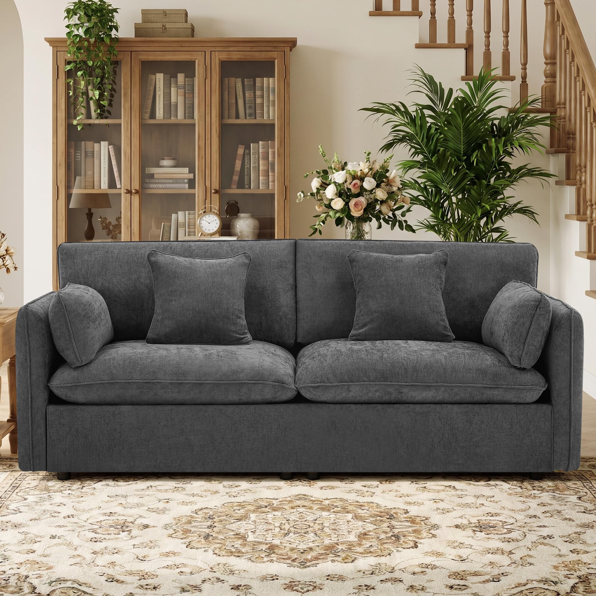 Modern Loveseat Sofa, 83.8 Inch 2 Seater Dark Grey Chenille Couch