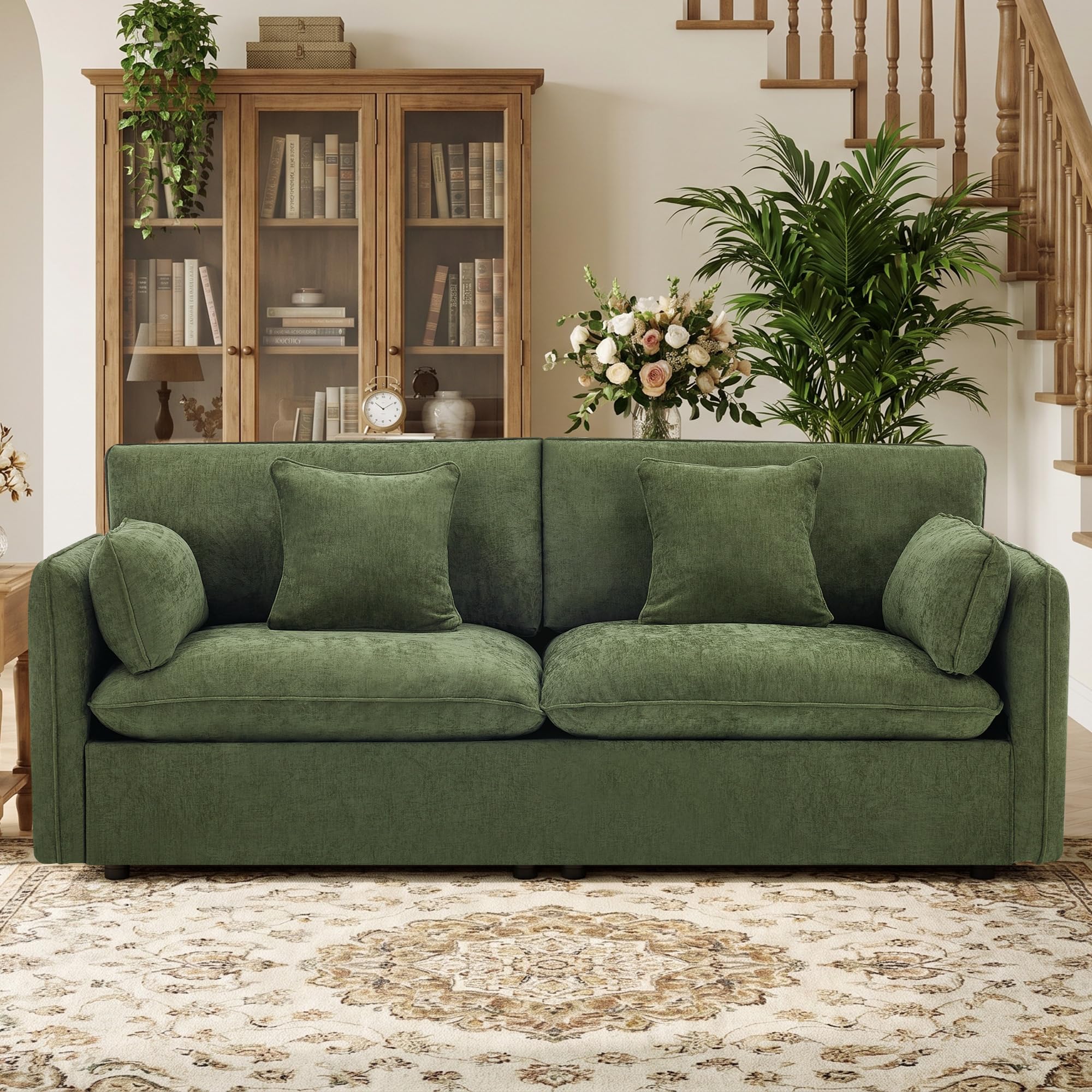 Modern Loveseat Sofa, 83.8 Inch 2 Seater Green Chenille Couch