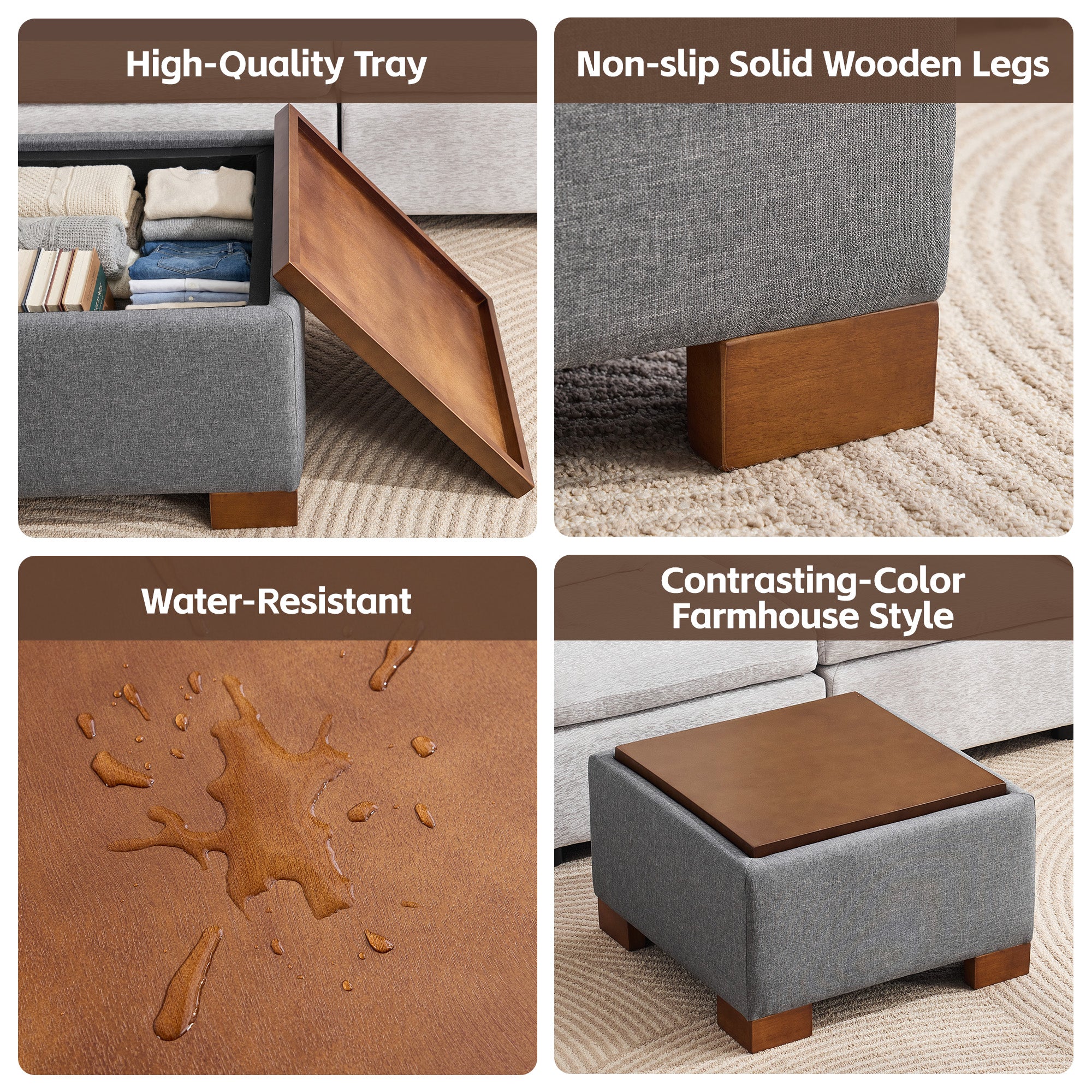 24" Square Storage Ottoman，Gray