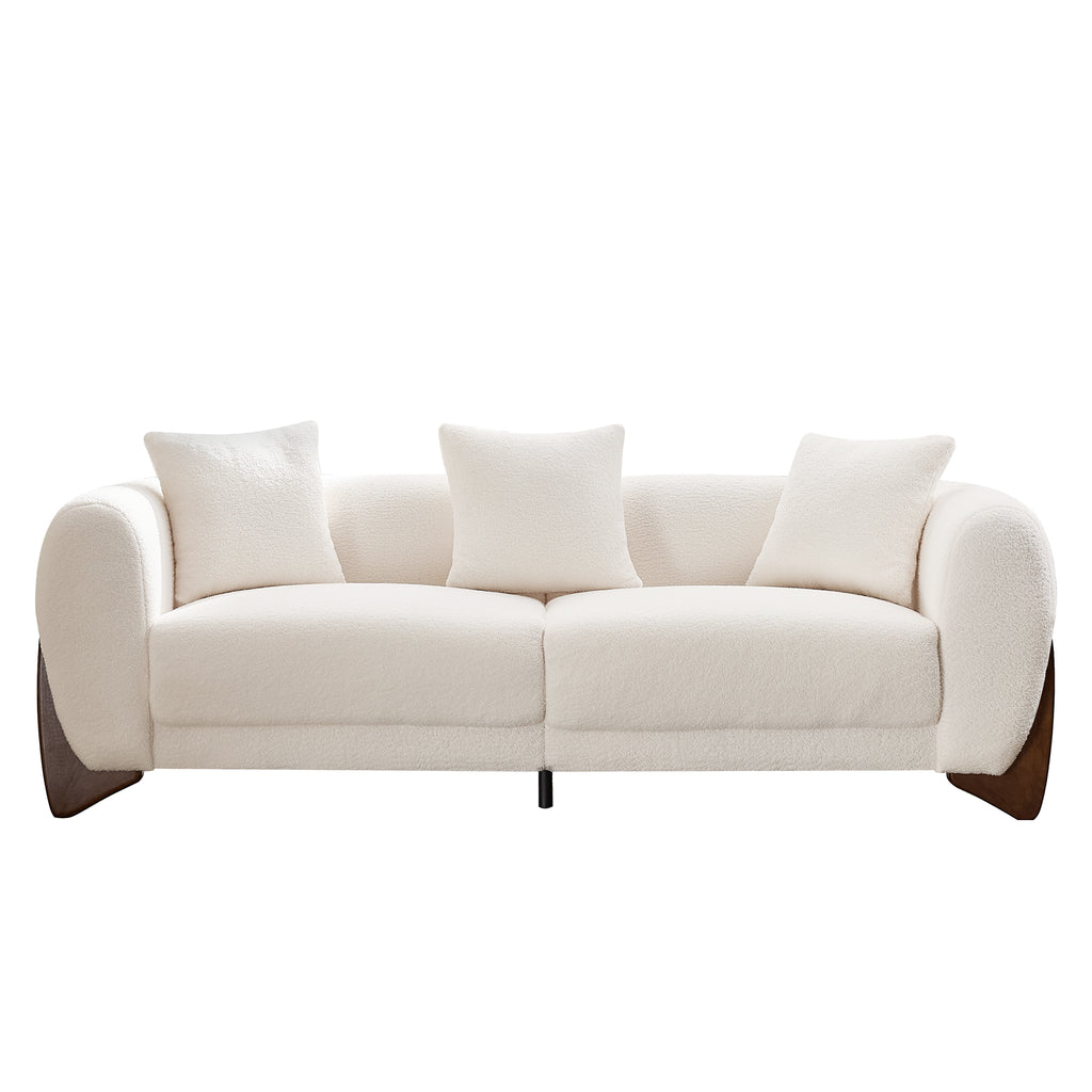 87" Boucle Couch with Solid Wood Legs,Beige