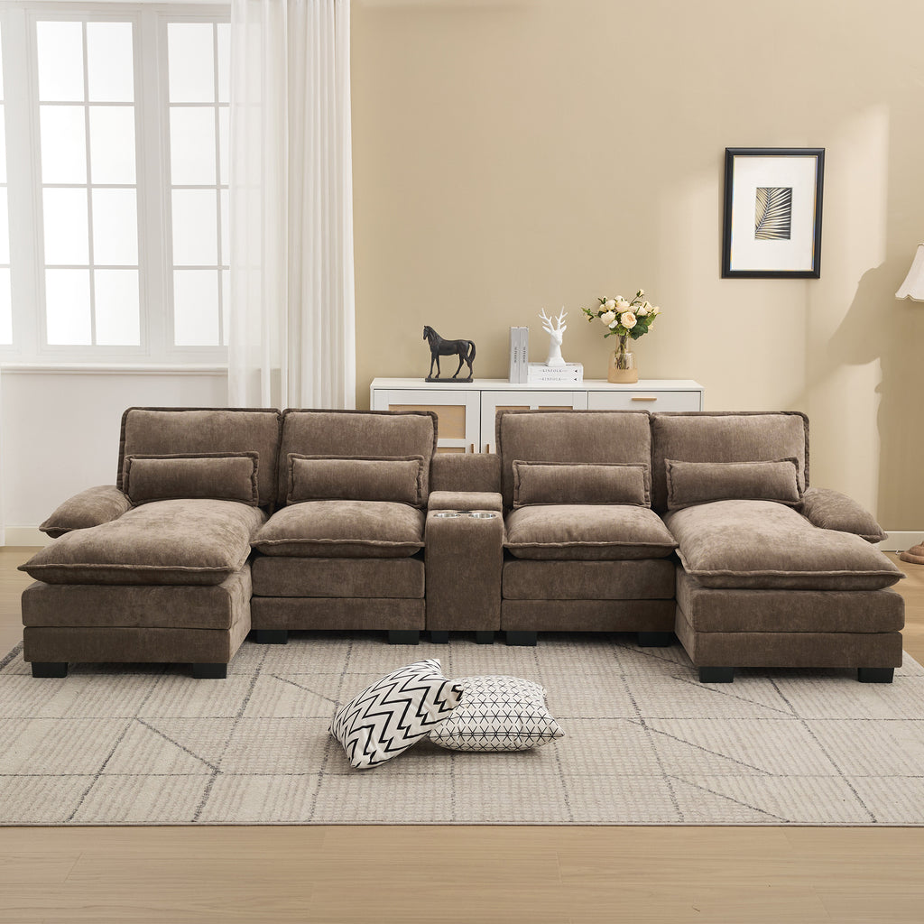 U Shaped Cloud Modular Sofa with Chaise Lounges，Brown