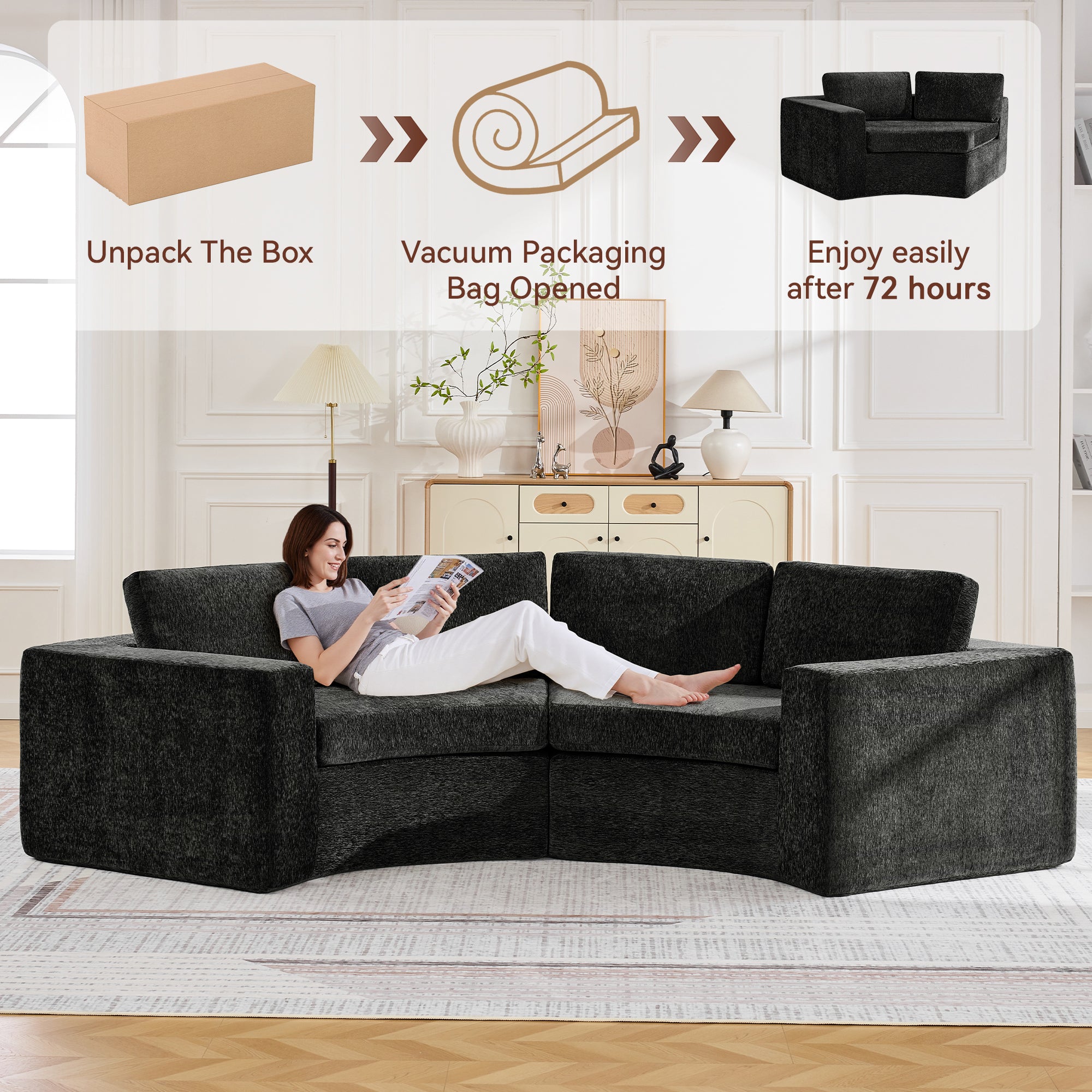 Curved Compression Sectional Couch，4 Seater，Black
