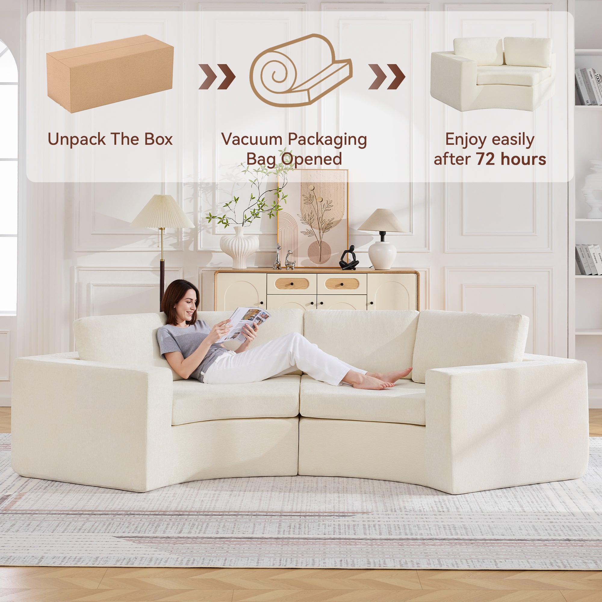 Curved Compression Sectional Couch，4 Seater，White