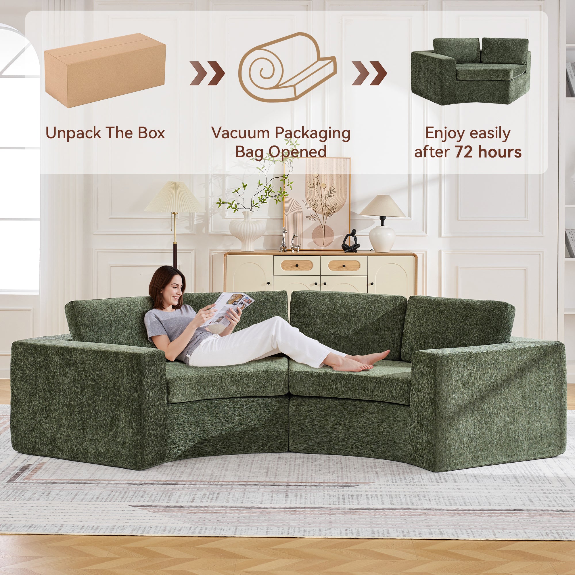 Curved Compression Sectional Couch，4 Seater，Green