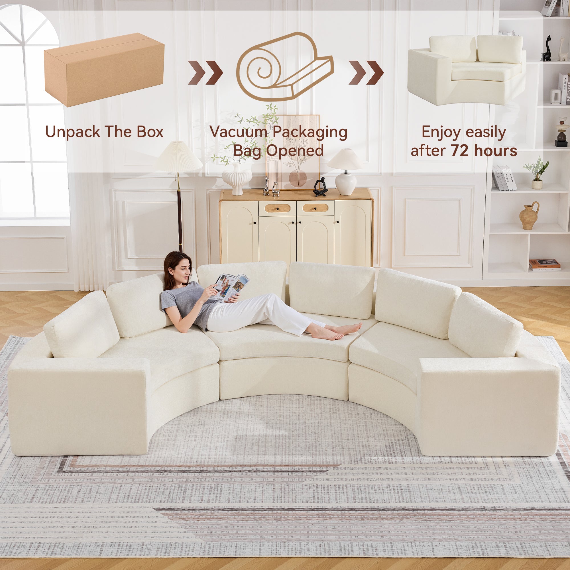 Curved Compression Sectional Couch，6 Seater，White