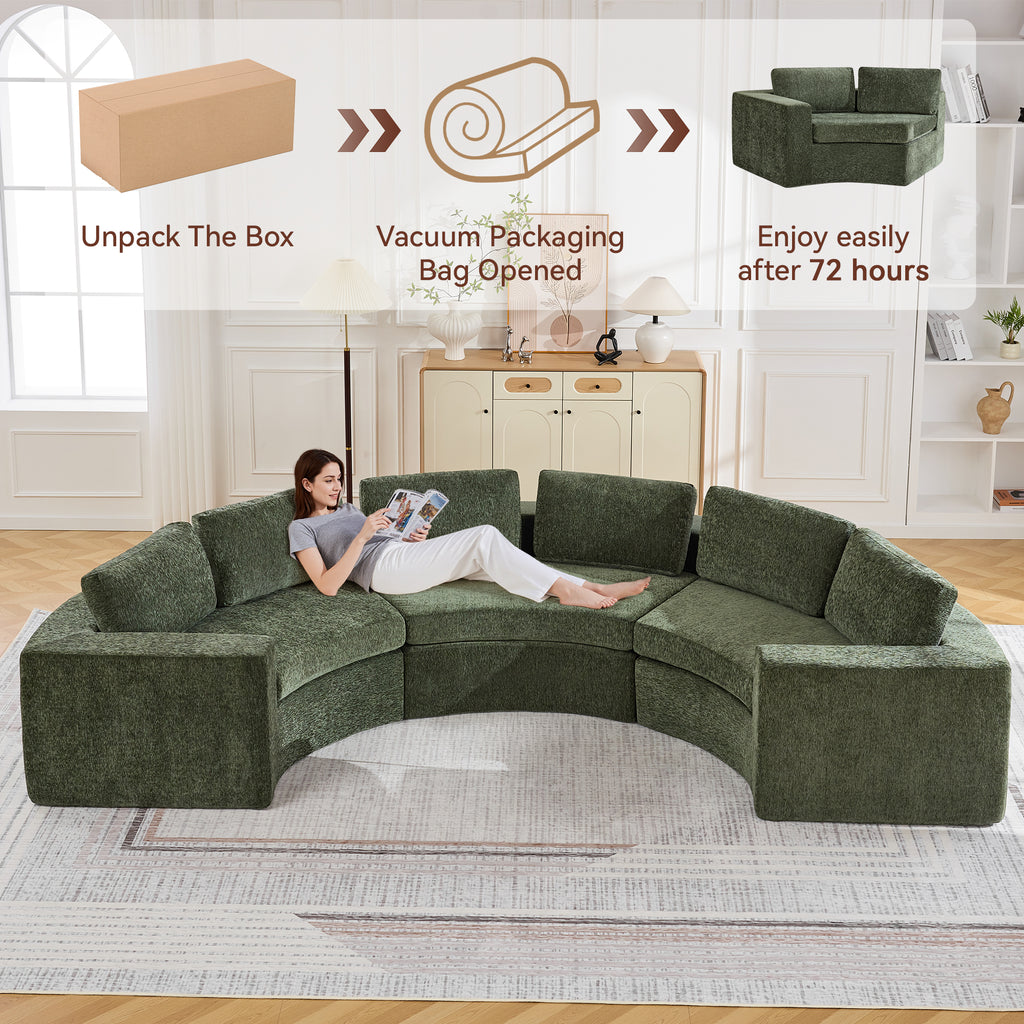 Curved Compression Sectional Couch，6 Seater，Green