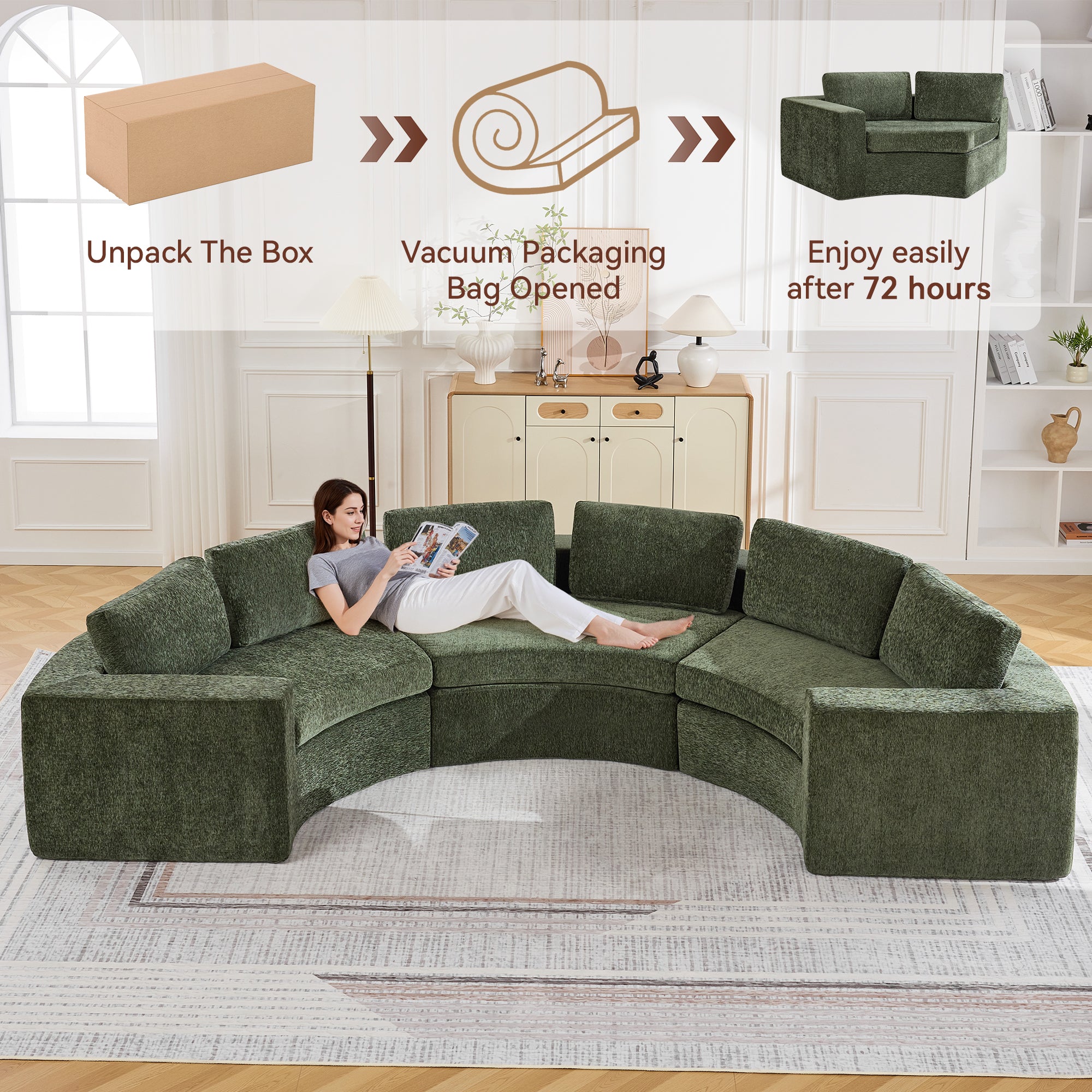 Curved Compression Sectional Couch，6 Seater，Green
