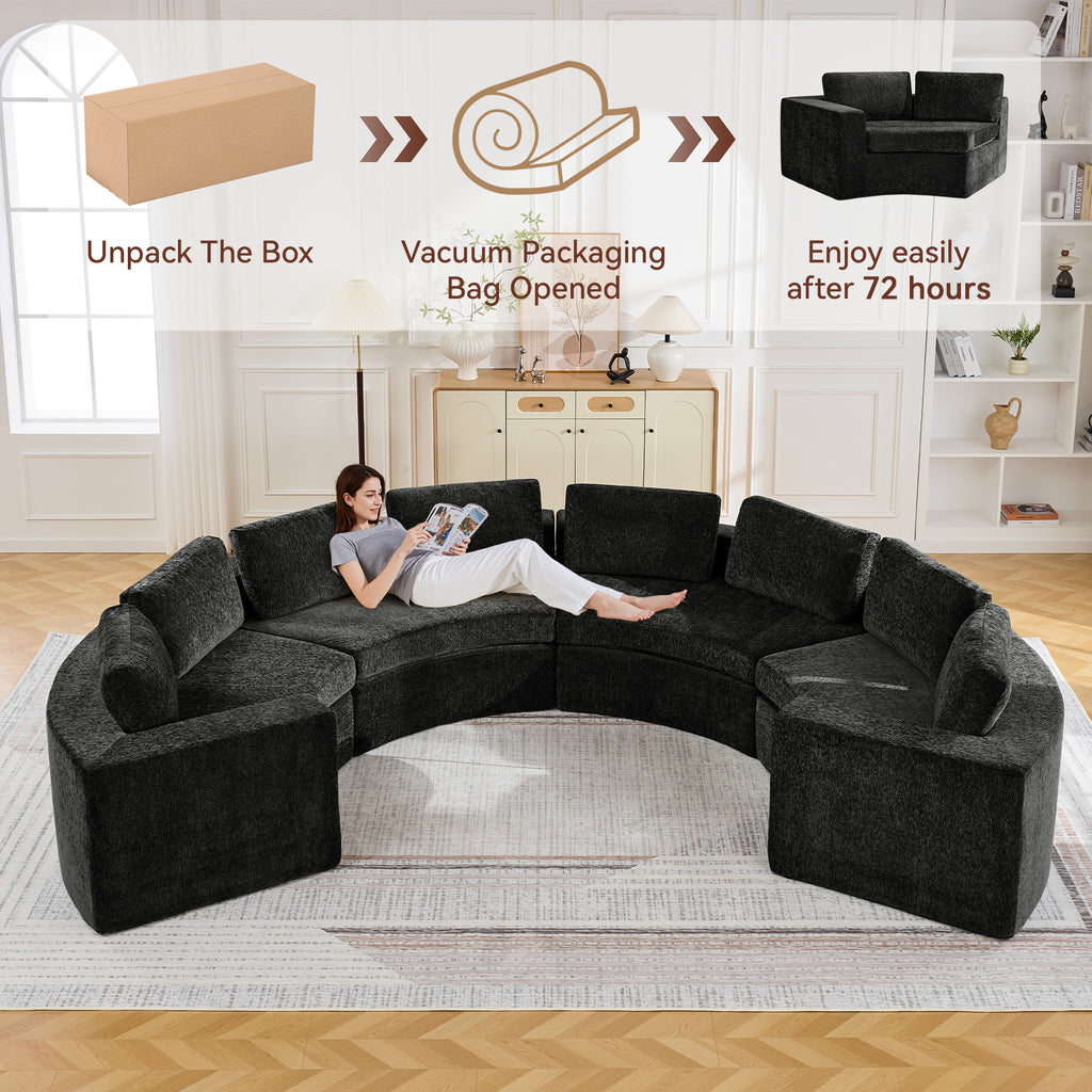Curved Compression Sectional Couch，8 Seater，Black