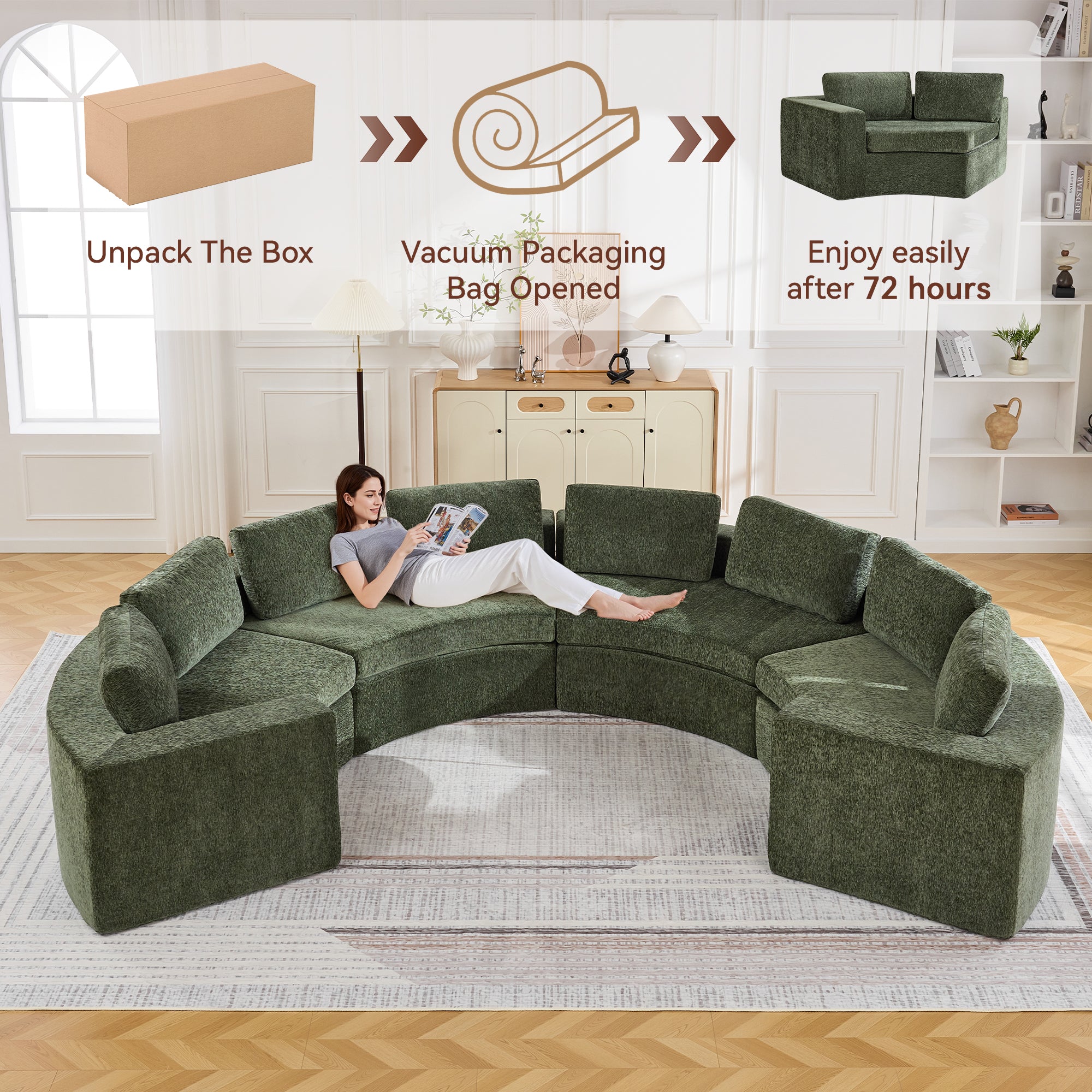 Curved Compression Sectional Couch，8 Seater，Green