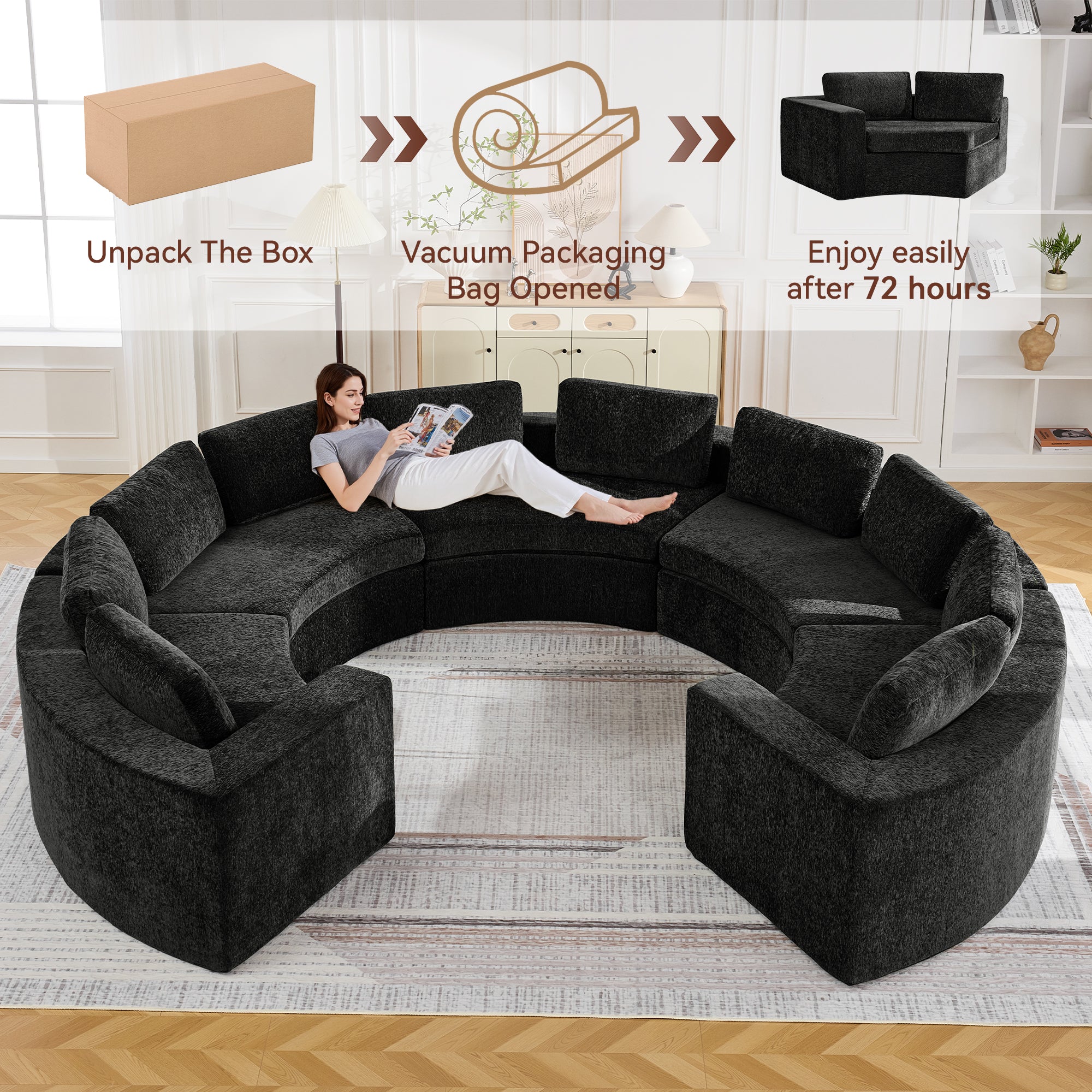 Curved Compression Sectional Couch，10 Seater，Black